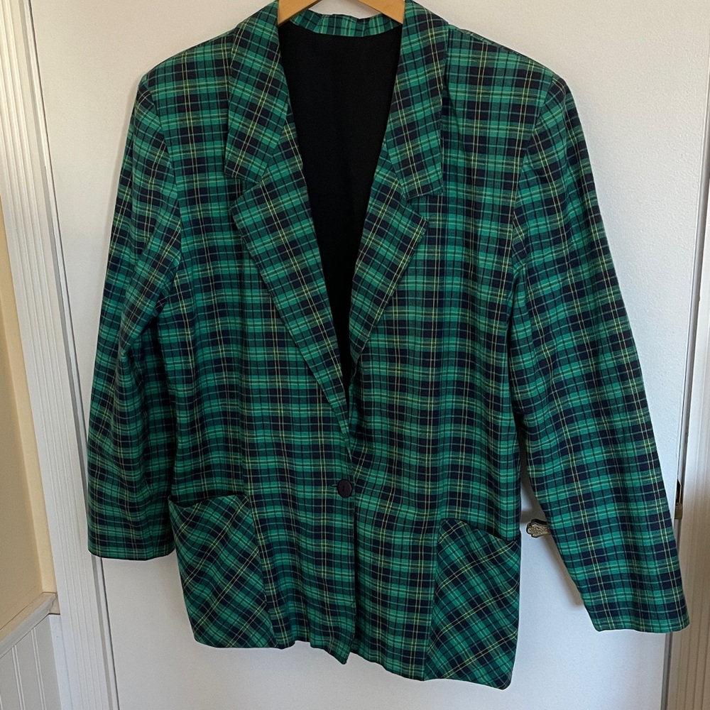 Vintage Jessica Scott Lightweight Green and Blue Plaid Blazer Size 14